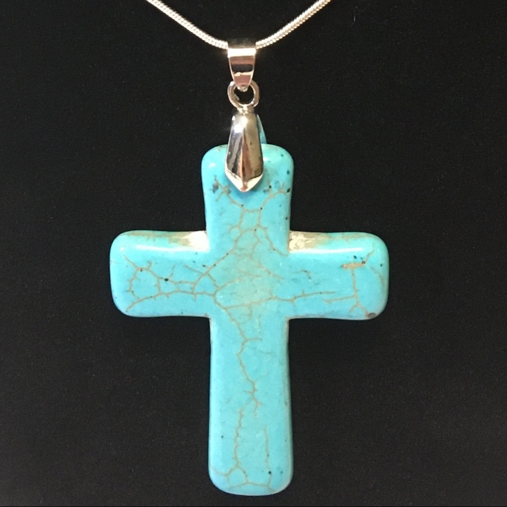 Turq & Silver Cross on 22 in Sterling Silver chain - Picture 2 of 3